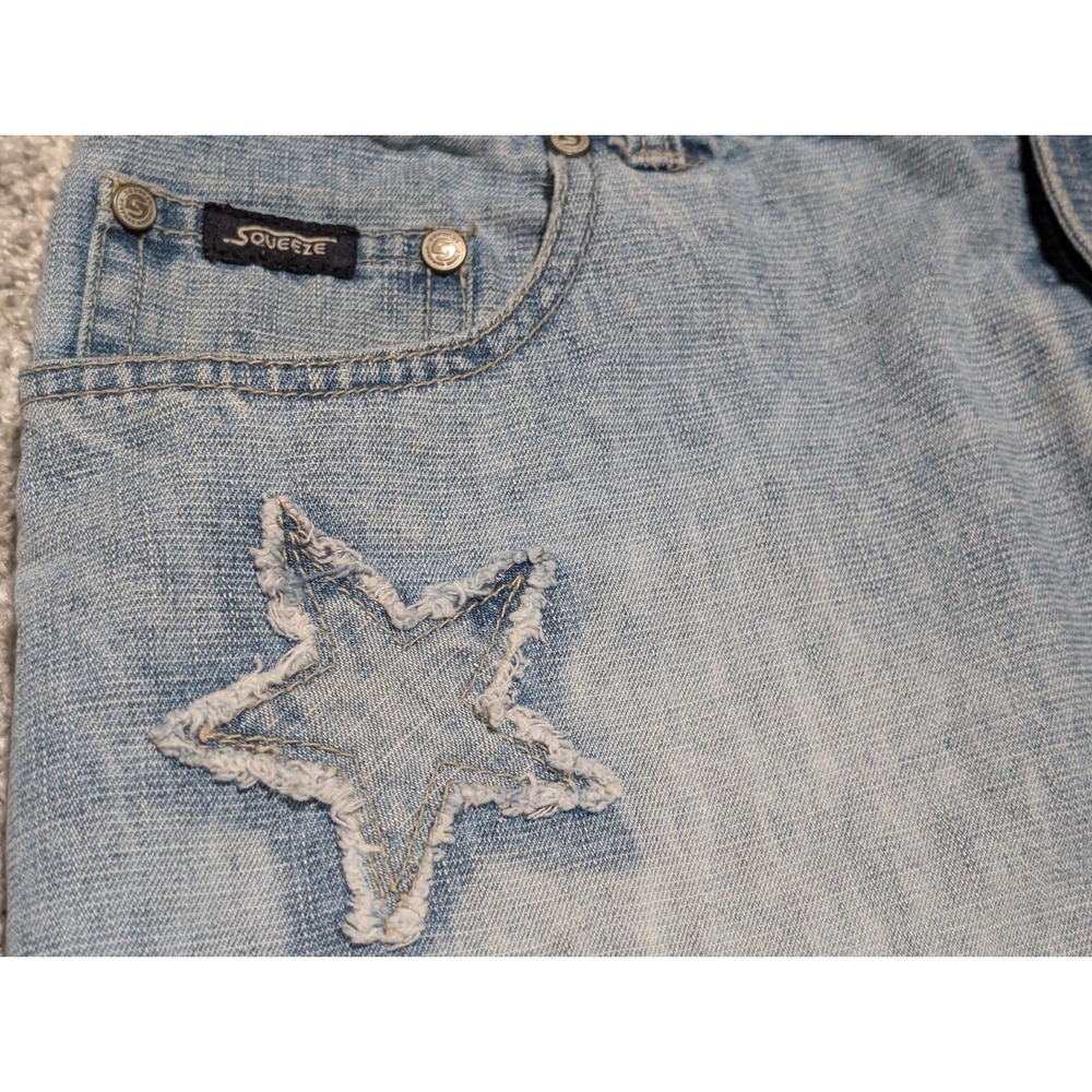 Y2K Denim Skirt‎ Womens 31W Blue Star Patch Distressed Midi Light Wash Squeeze - Picture 2 of 7